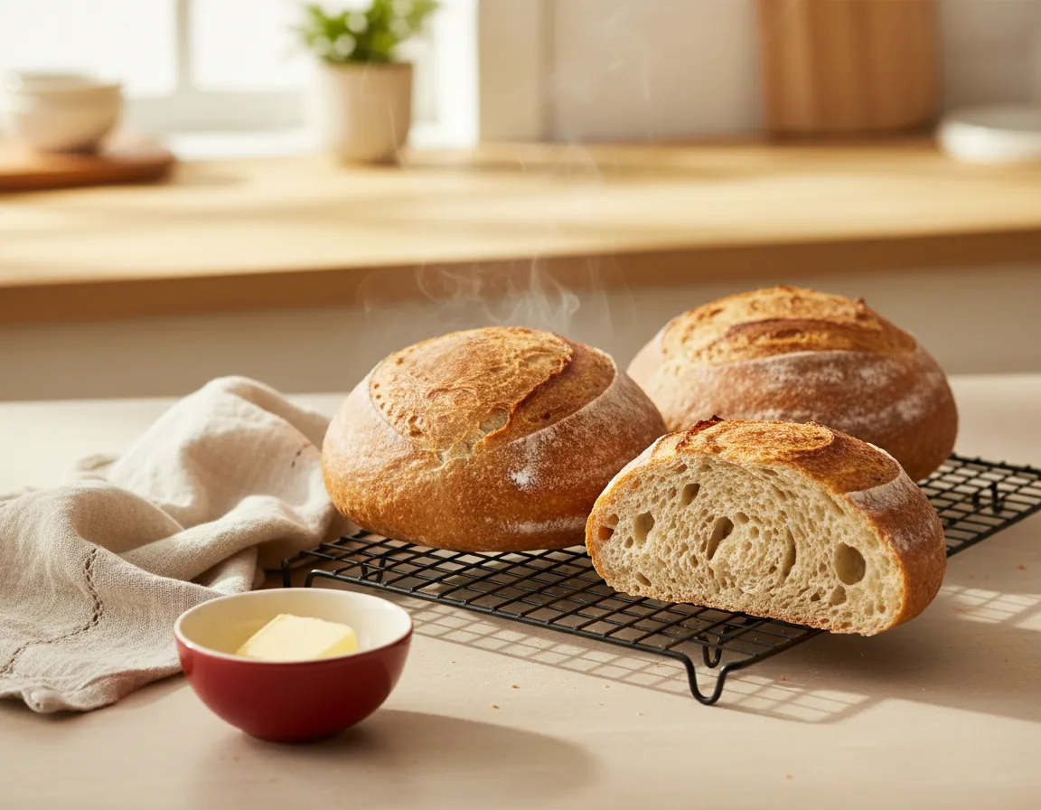 Freshly baked bread cooling on a wire rack with linen towel