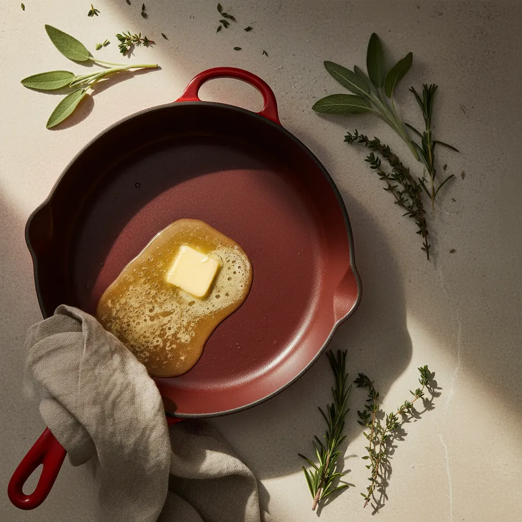 Close up of butter melting in a red cast iron skillet
