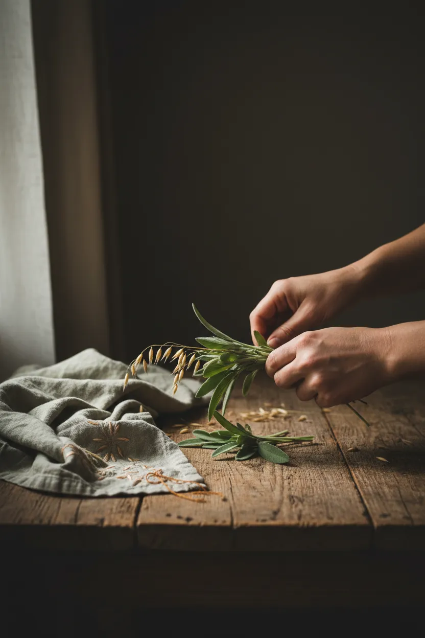 Hands tearing fresh herbs over a rustic wooden table