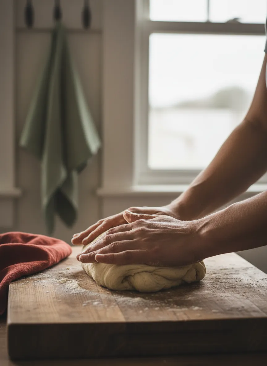 Hands kneading dough on a wooden board with flour dust