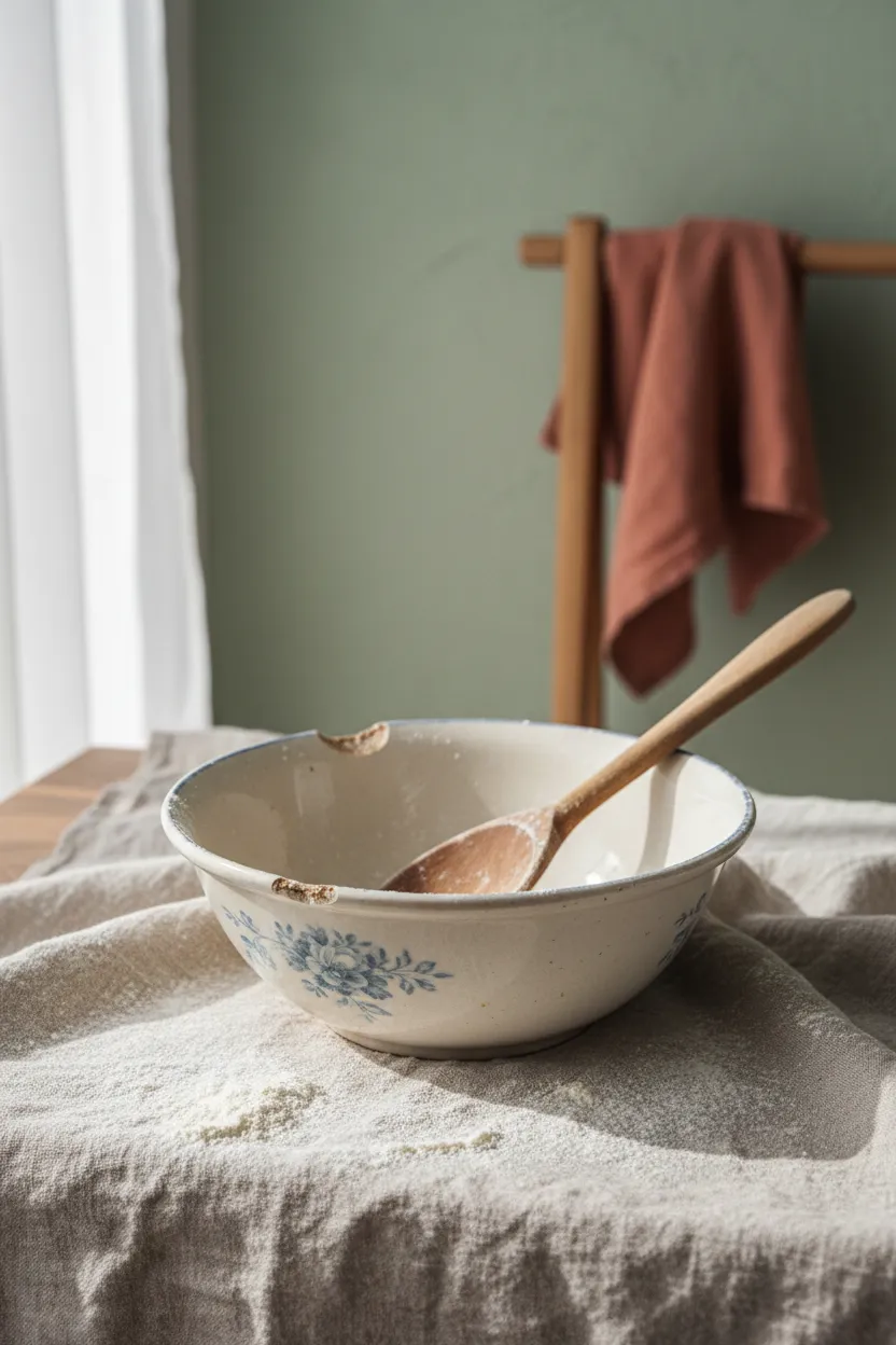 Vintage mixing bowl with wooden spoon and flour