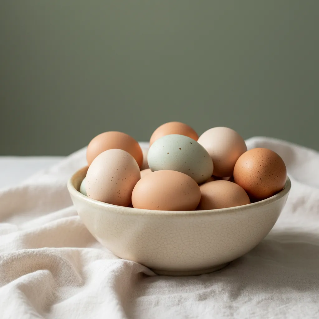 Fresh farm eggs in a vintage ceramic bowl on linen