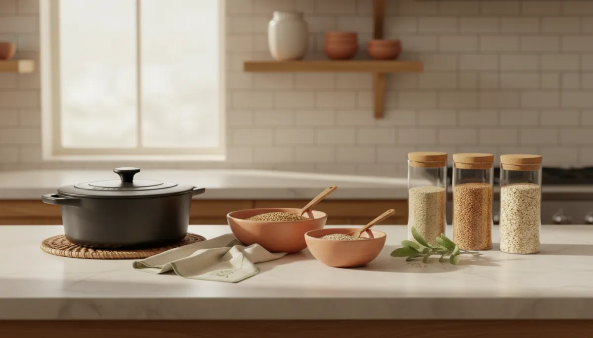 Heirloom kitchen tools and pantry staples arranged on a warm kitchen counter.