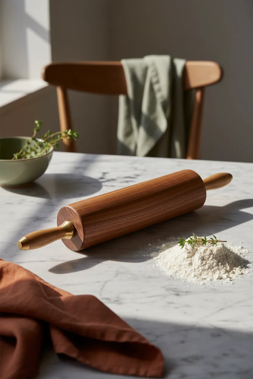 Editorial photo of a beautiful wooden rolling pin and flour on a vintage kitchen counter