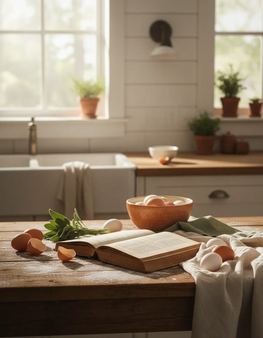 A warm, natural light photograph of a kitchen counter with fresh ingredients and vintage linen