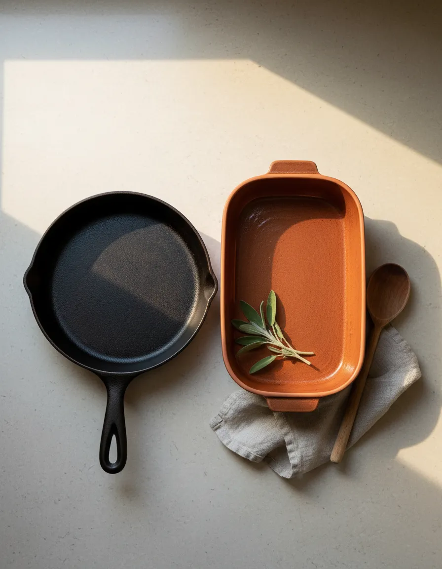 Cast iron skillet and casserole dish in a cozy heirloom kitchen
