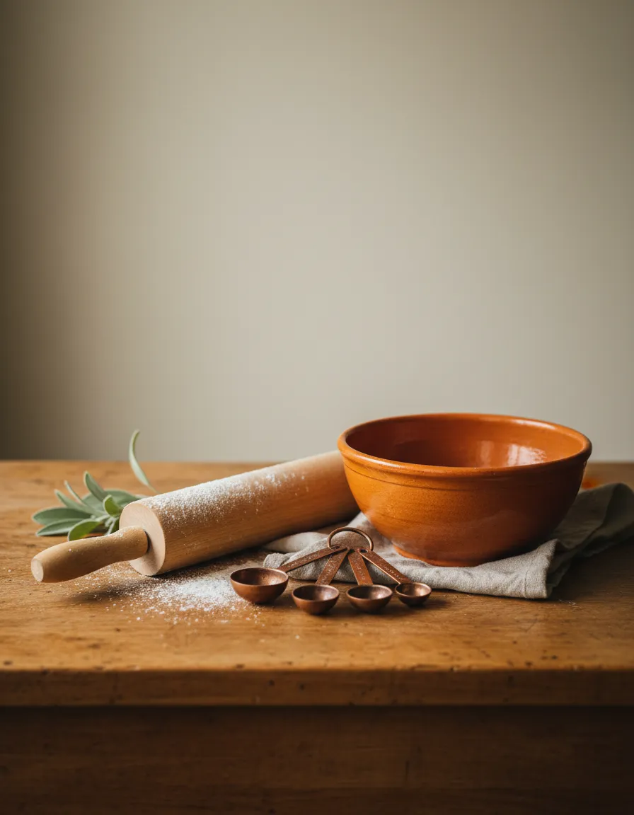 Favorite baking tools arranged on a warm heirloom kitchen counter