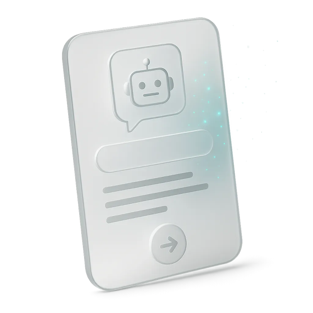 Sleek 3D AI chatbot dashboard floating on transparent background