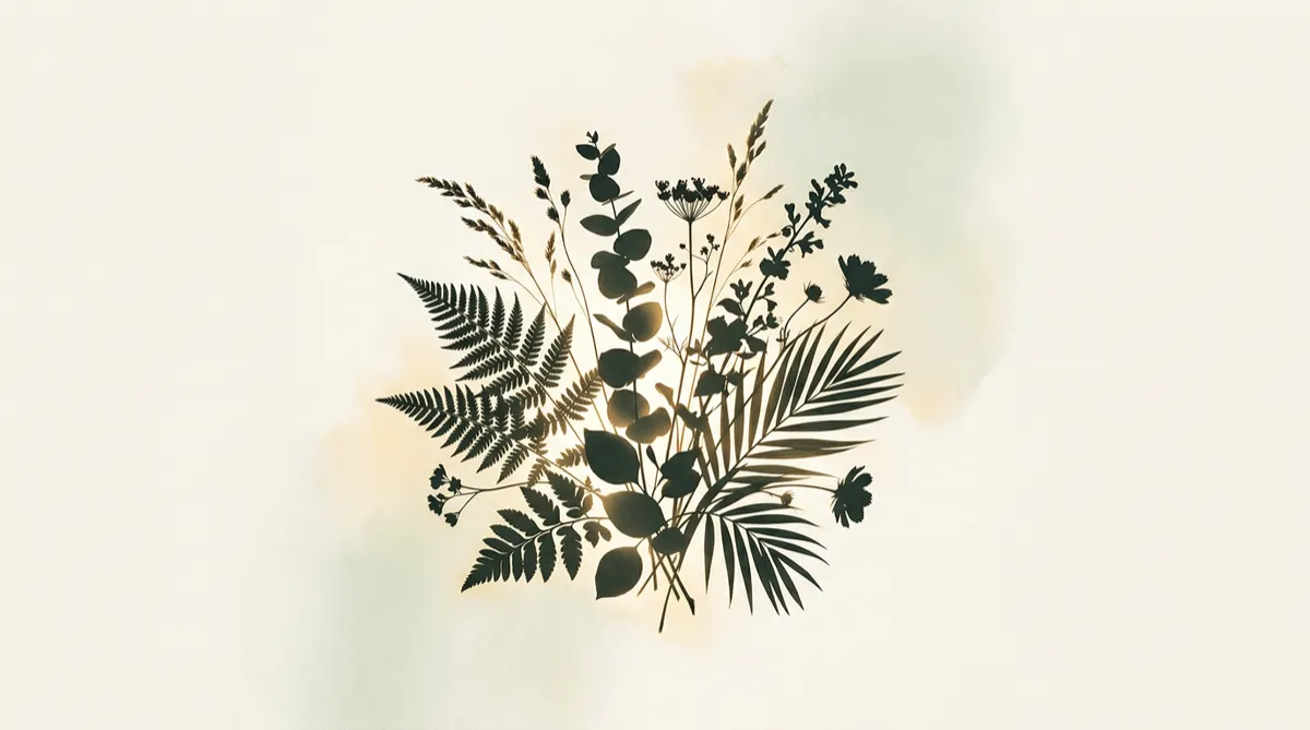 Abstract tranquil botanical foliage silhouettes in diffused sage atmosphere
