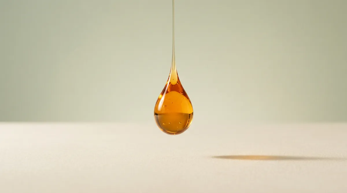 Abstract amber fluid droplet suspended in soft morning luminosity