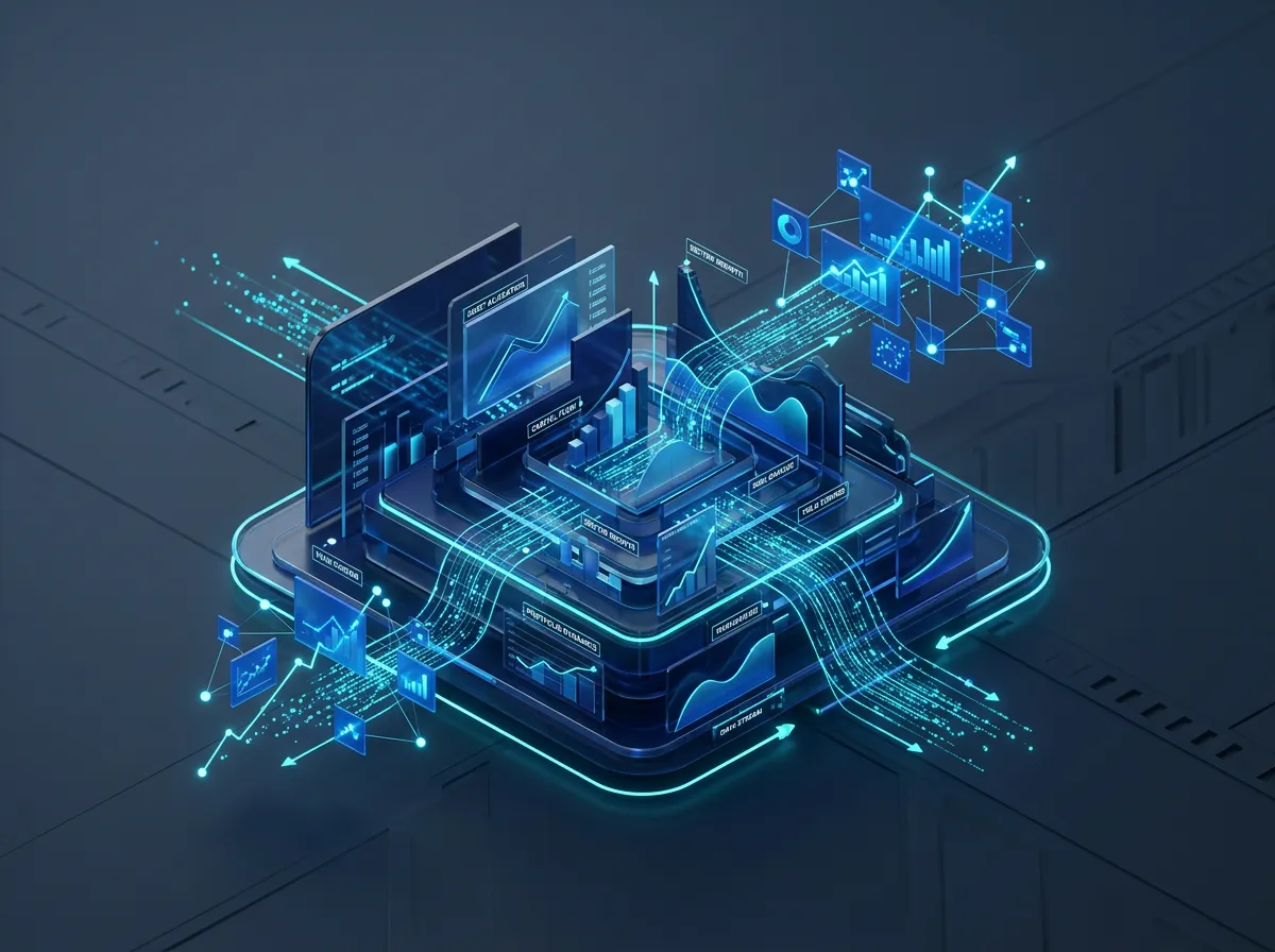Abstract fintech visualization showcasing dynamic digital capital structures, data metrics, and business expansion flows in modern blue and cyan hues