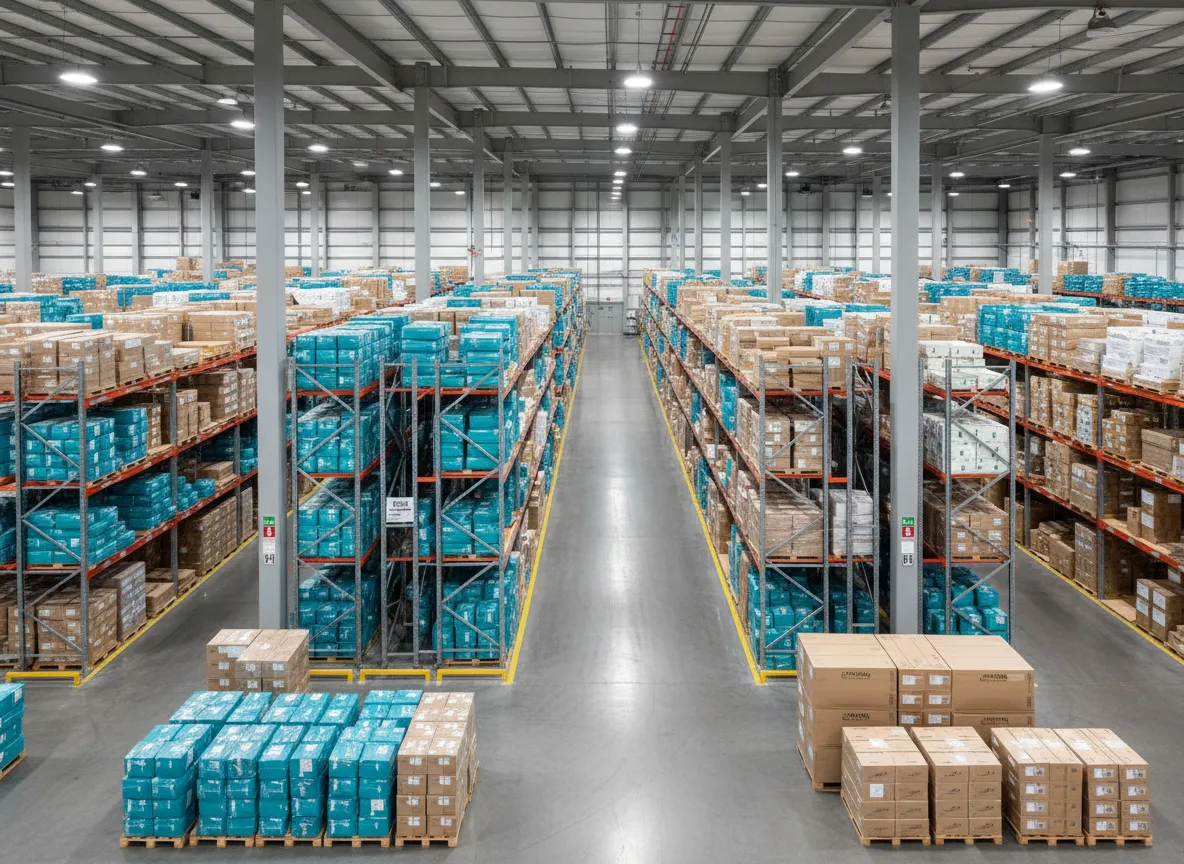 Vista aérea de centro de distribuição com pallets e embalagens