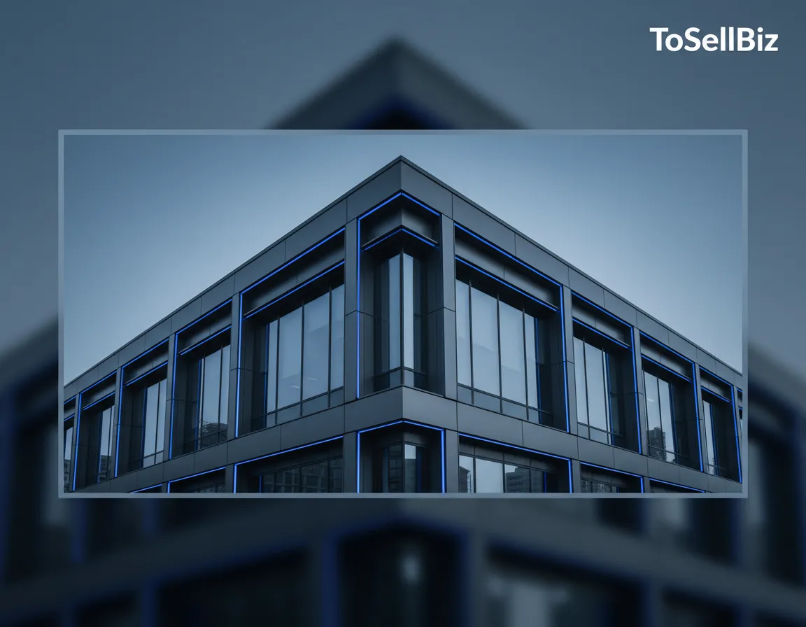 Sleek, desaturated photograph of a modern corporate building exterior with a subtle blue overlay