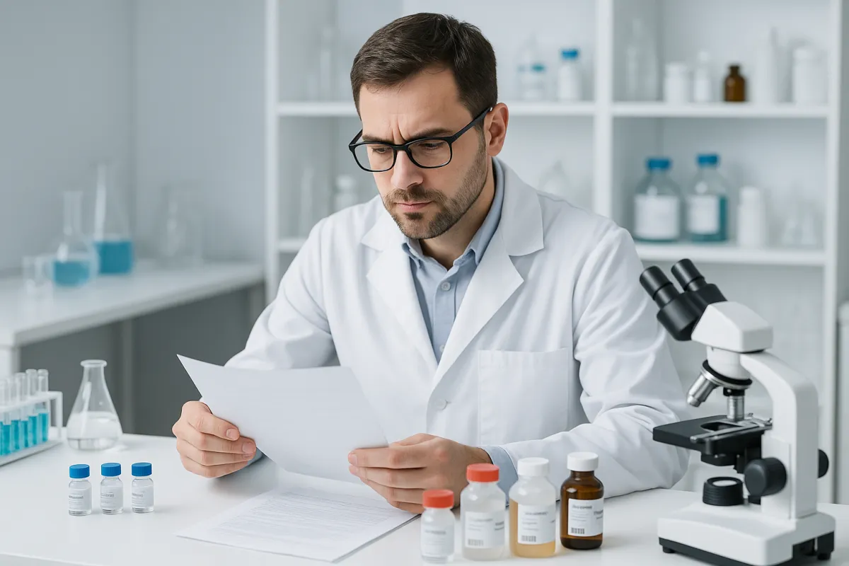 Farmacéutico verificando documentación y control de calidad con enfoque en trazabilidad.