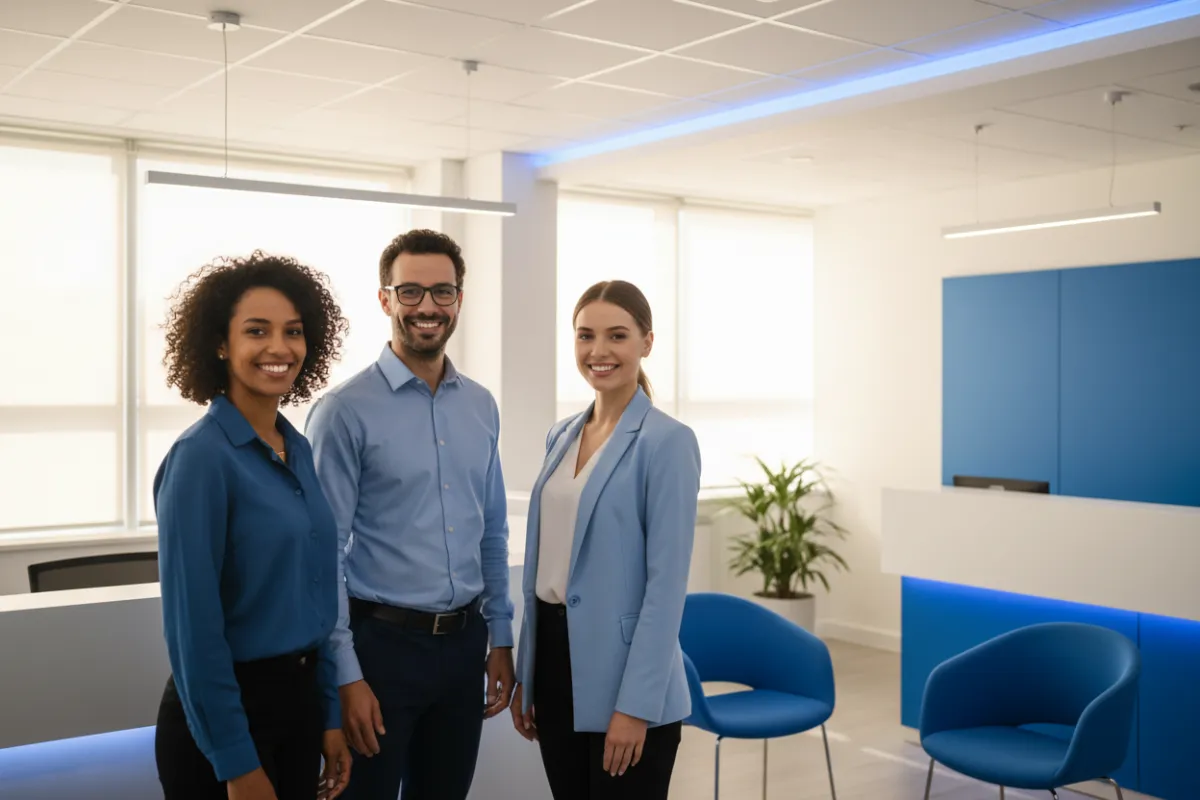 A diverse, friendly support team in a modern office, smiling and ready to assist, with bright blue accents and natural light, 3:2 aspect ratio