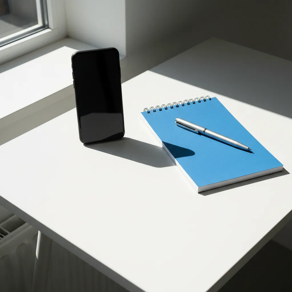 A modern office desk featuring a sleek black phone, a blue notepad, and a silver pen. Sunlight streams across the white surface, creating a clean, professional look. The composition is square (1:1 aspect ratio), emphasizing accessibility and a contemporary workspace.
