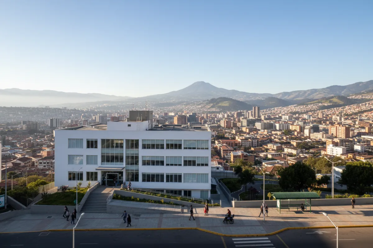 Panorámica de Quito con una clínica moderna en primer plano y cerros al fondo