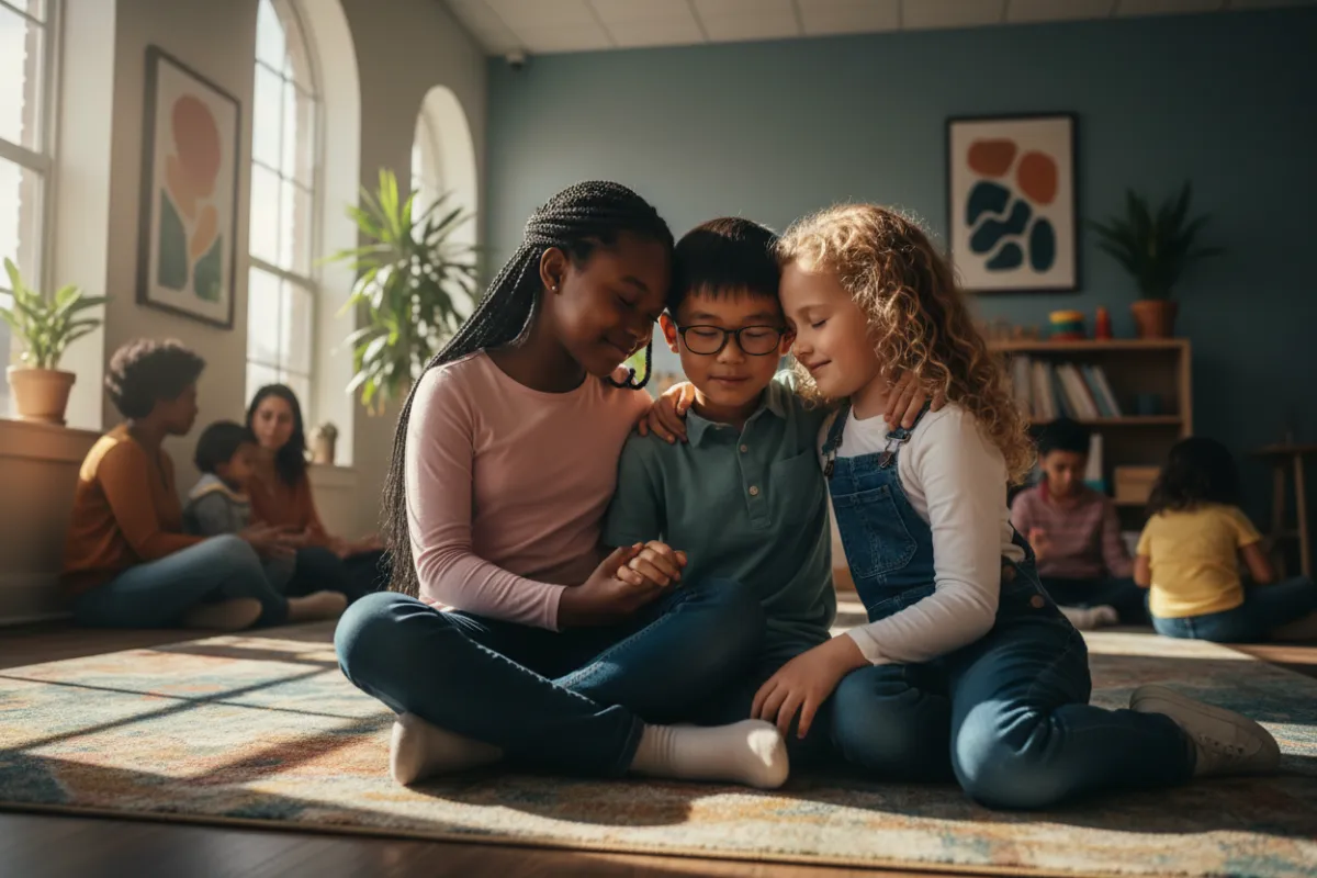 Three children of diverse backgrounds sharing a quiet, supportive moment in a bright community room.