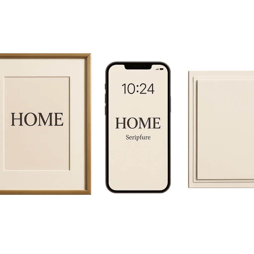 Composite display of framed art, printed pages, and a phone screen showcasing the digital collection