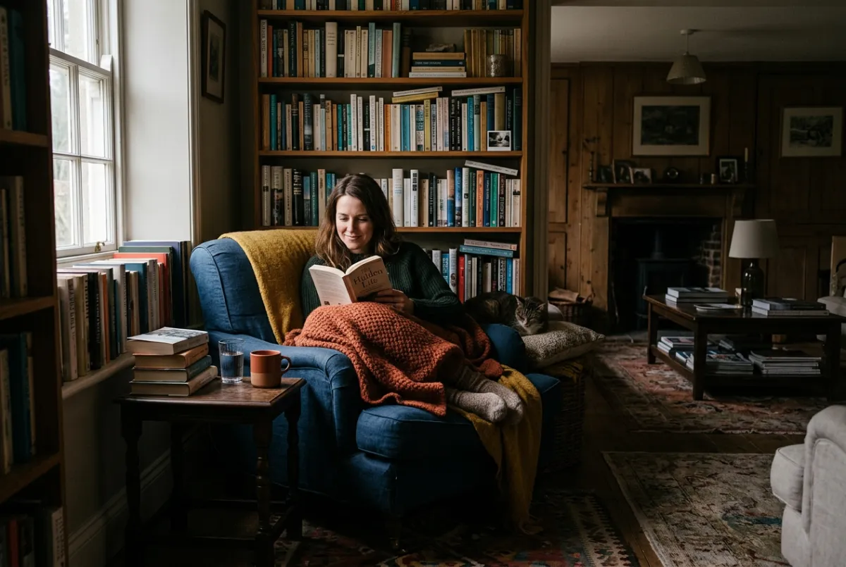 Warm family living room with books and quiet natural lighting