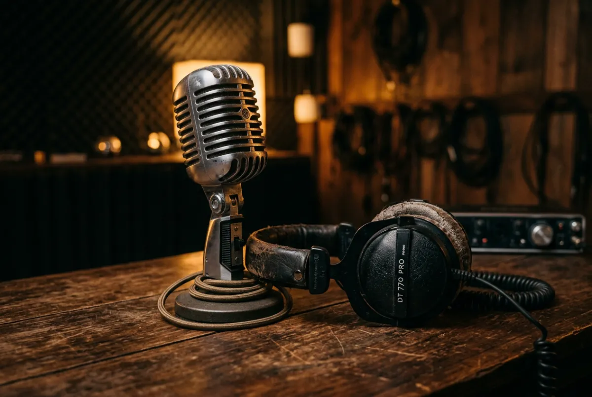Vintage audio studio gear and headphones on an acoustic table