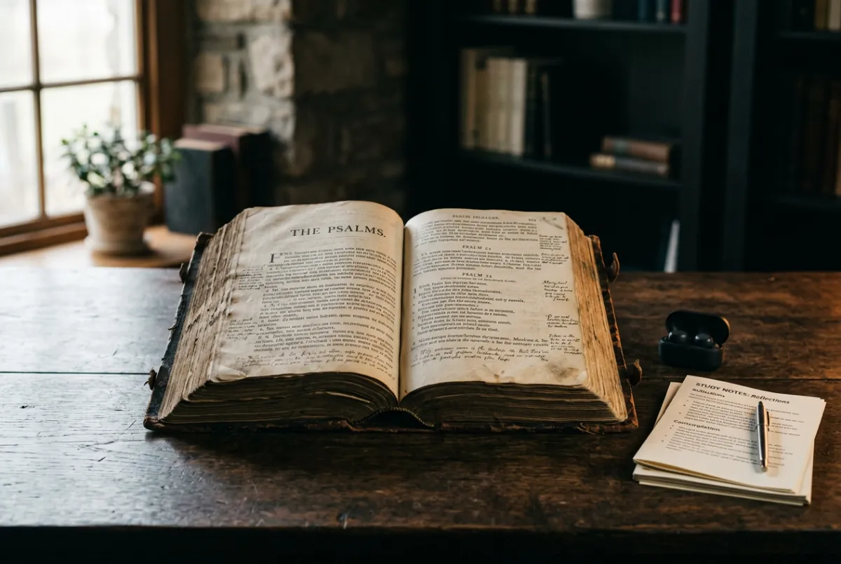 Scriptural reading session on parchment and audio study materials