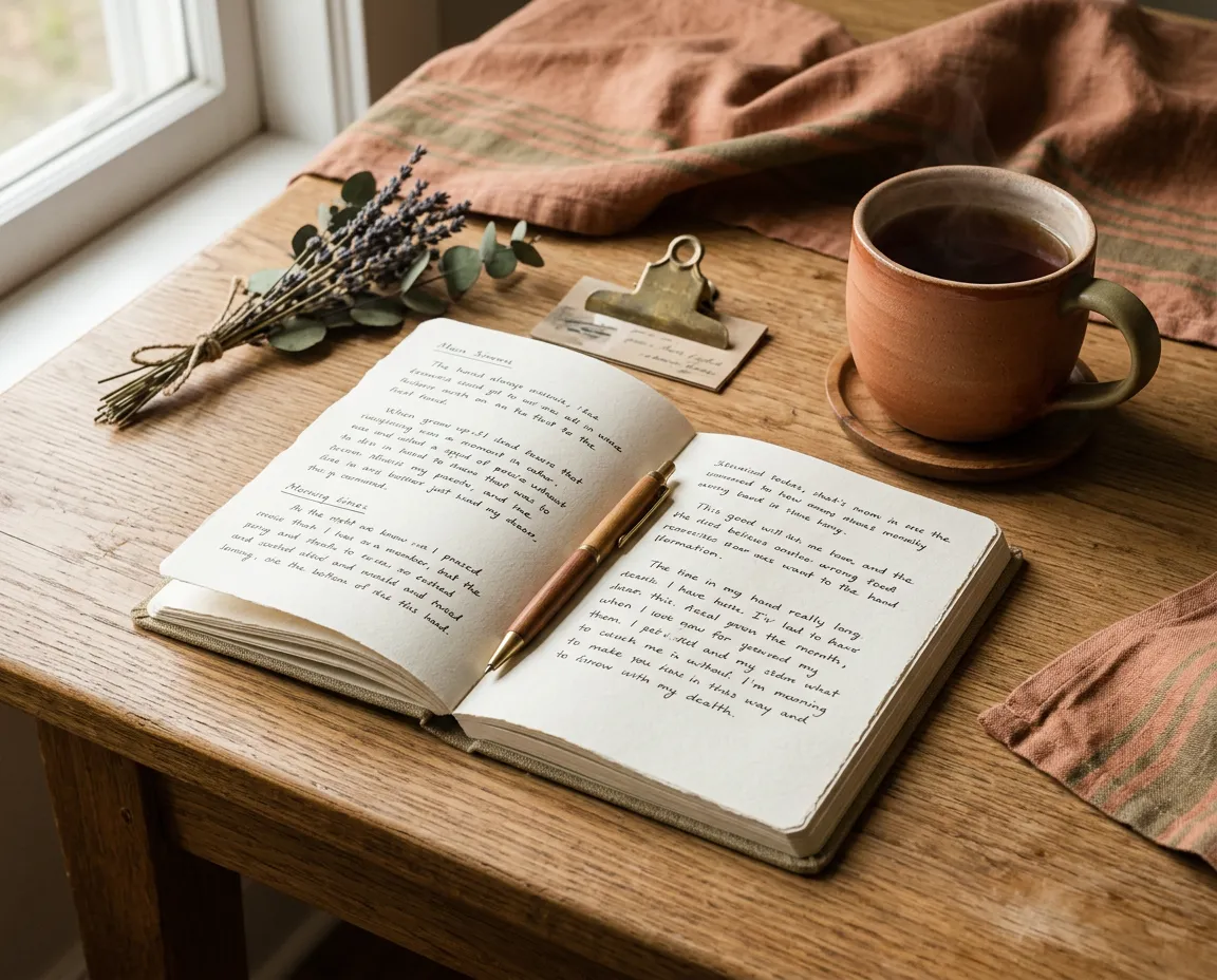 Woman journaling mindfully in a sunlit room with an open linen notebook and warm ceramic tea mug