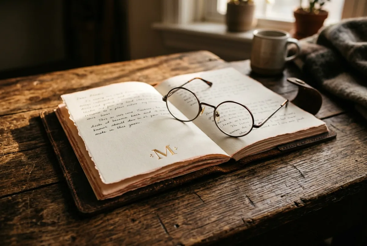 Open journal and reading glasses on a warm wooden desk