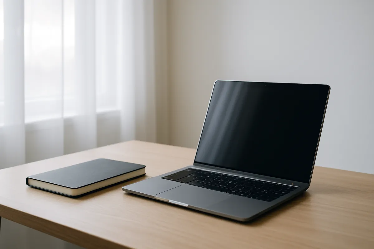 Minimal remote workspace with sleek laptop, closed notebook, and soft natural light suggesting calm, efficient administrative workflows.