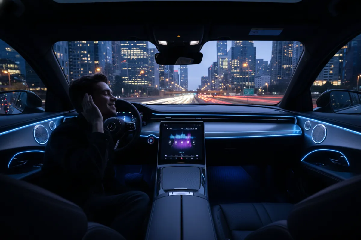 A modern car interior with a custom audio system, illuminated dashboard, and a driver enjoying high-fidelity sound. The scene is vibrant, with blue accent lighting and a focus on the premium speakers integrated into the doors. The background is a cityscape at dusk, visible through the windshield.