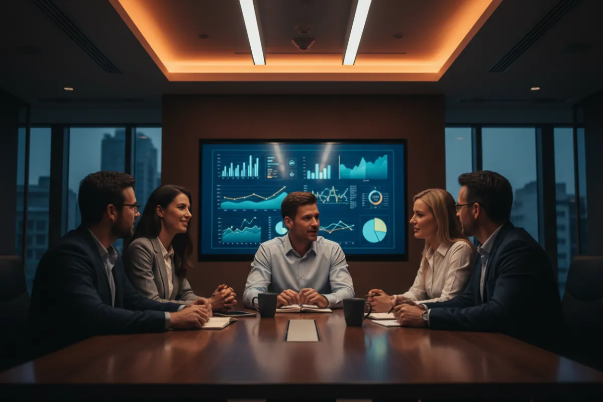 Team meeting with analytics dashboard visible on screen - Clear Path Network branding
