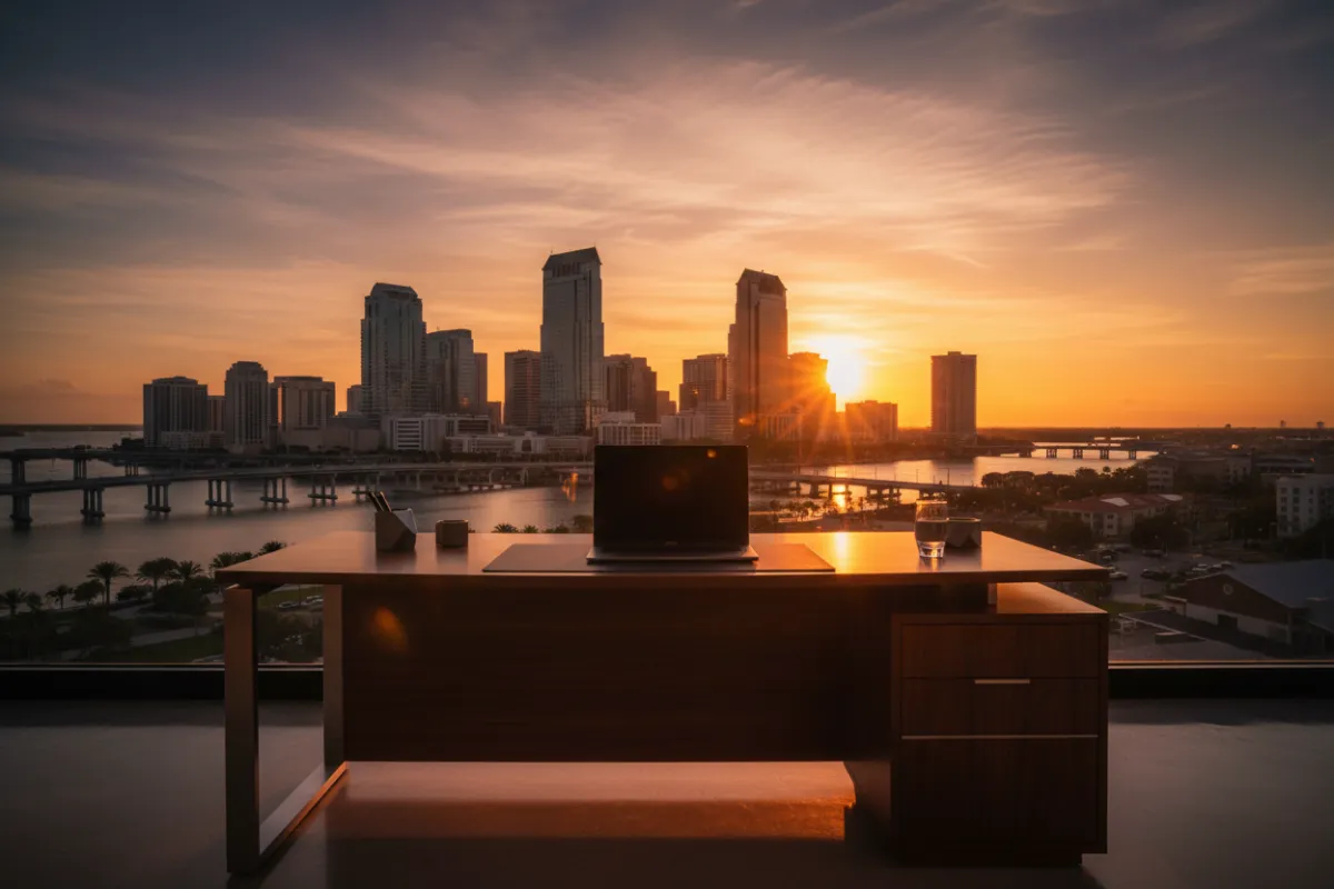Tampa skyline with office and financial foreground - Clear Path Network branding