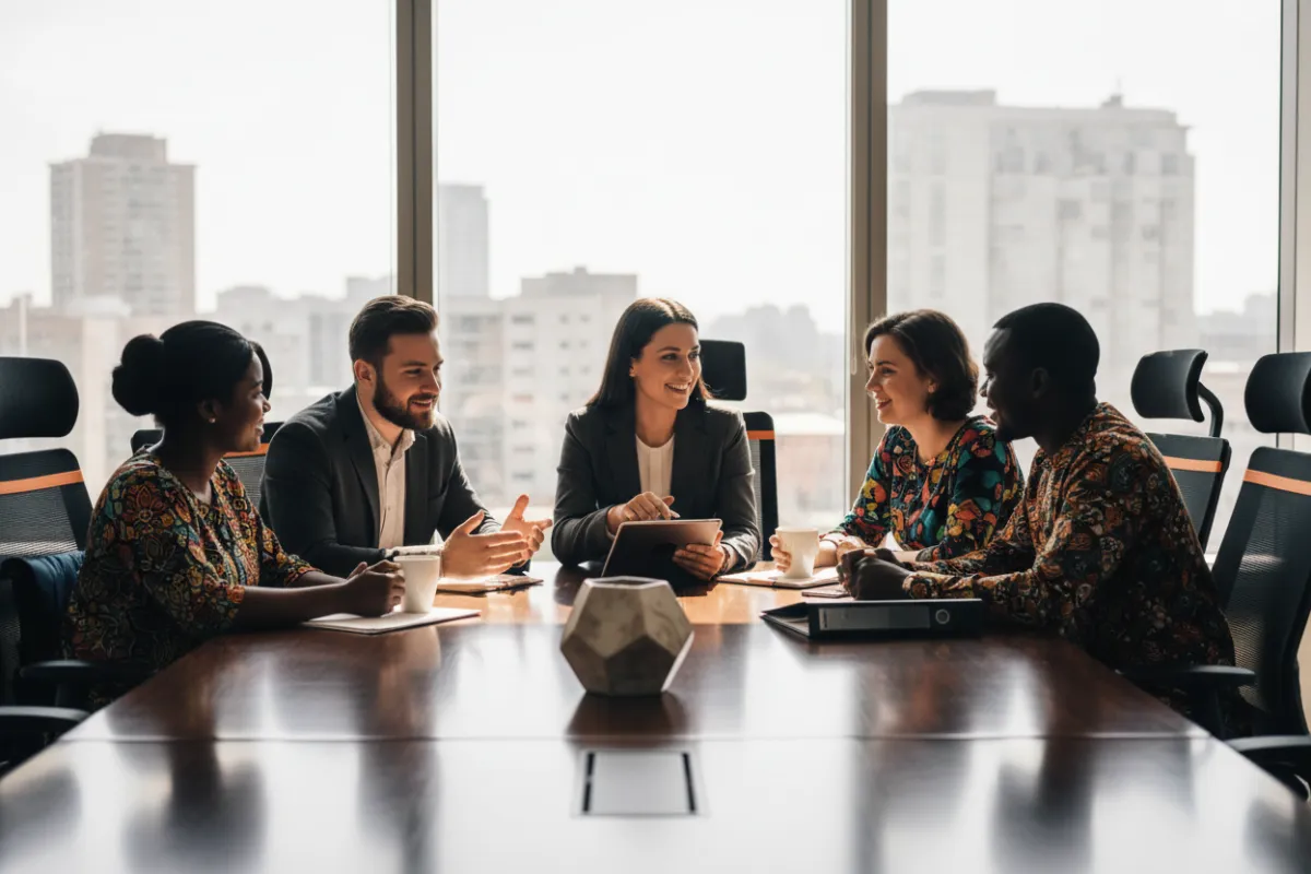 Diverse small business owners meeting with a financial advisor - Clear Path Network branding