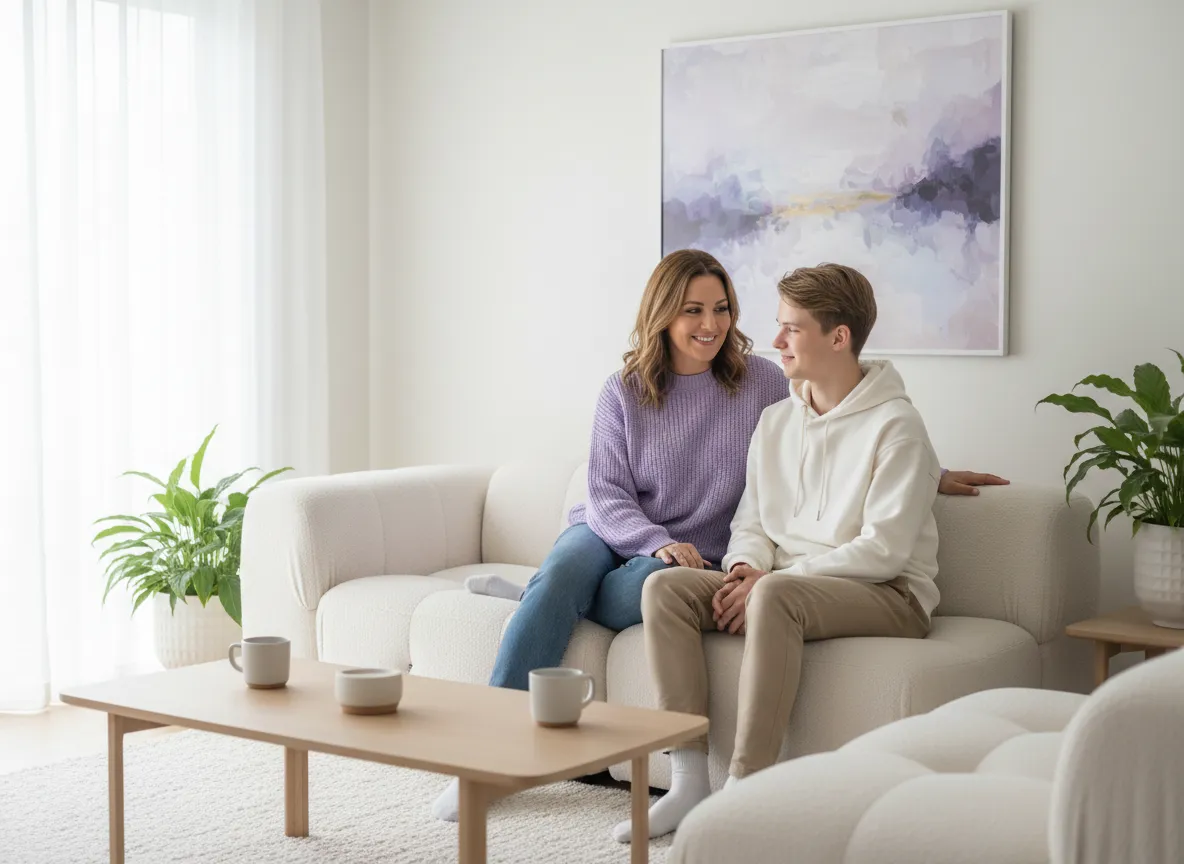 Parent and teen talking calmly on couch