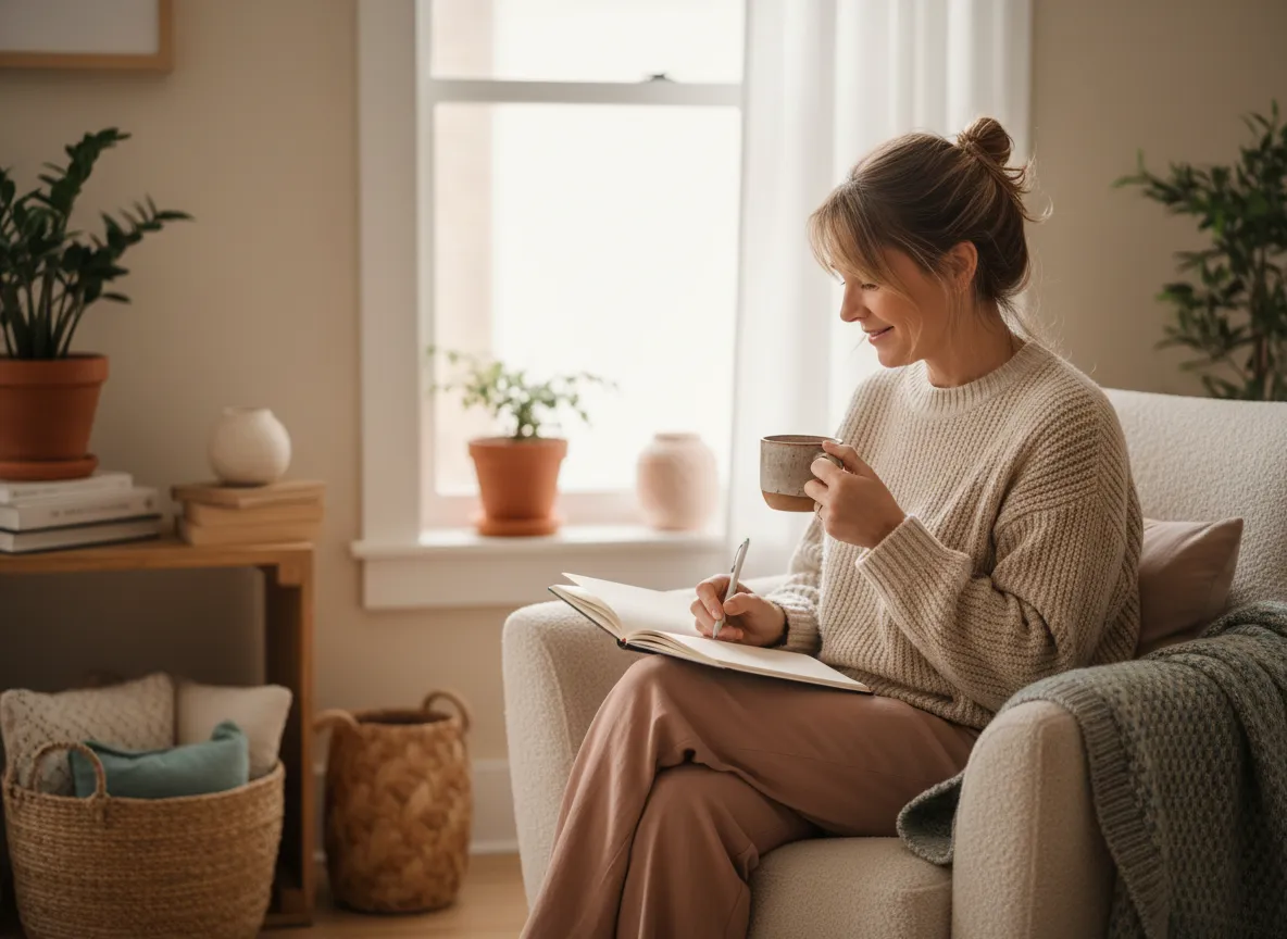 Woman in midlife taking a quiet moment with tea and journal