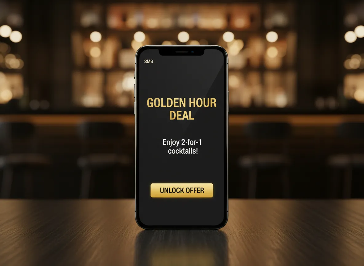 Phone showing a text message offer for a bar promotion