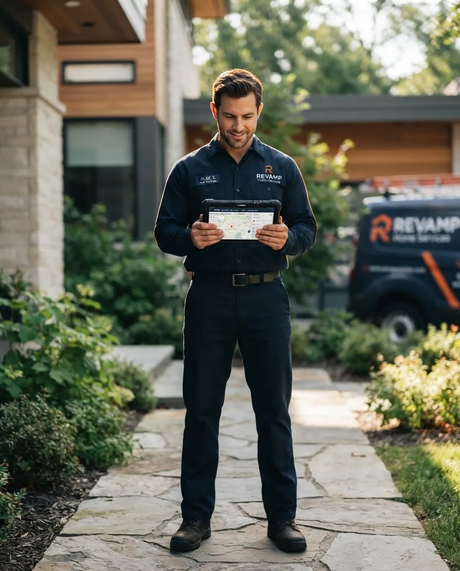 Professional home service technician reviewing automated job requests on a mobile device