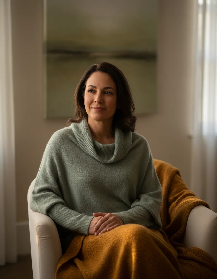 A person looking thoughtful and feeling supported, soft natural lighting