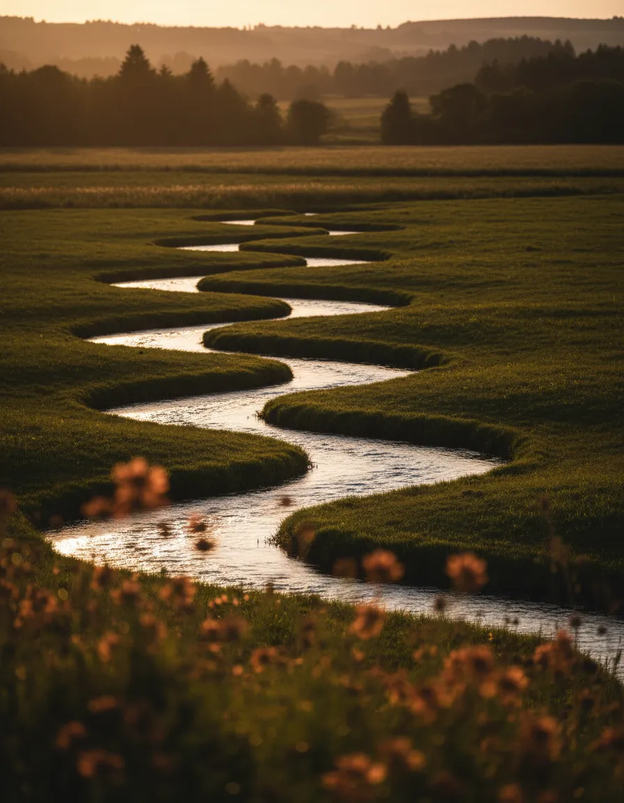 Serene view of Creek-Side Meadows with native flora at golden hour