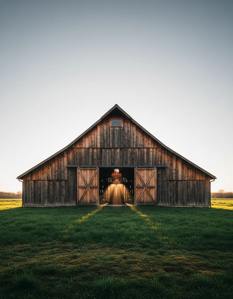 Exterior of The Heritage Barn surrounded by lush fields at golden hour