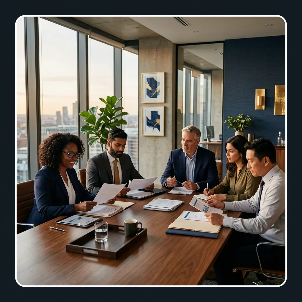 A dedicated, diverse team of licensed health insurance agents consulting collaboratively in a modern, naturally lit office