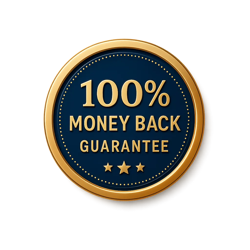 100% Money Back Guarantee Seal in amber and navy tones