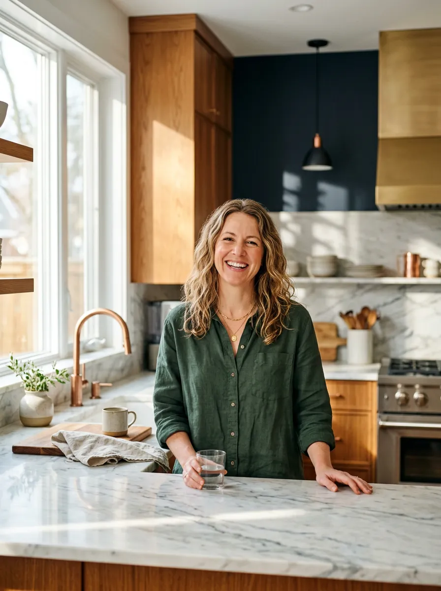 Delighted homeowner smiling inside her newly remodeled kitchen space