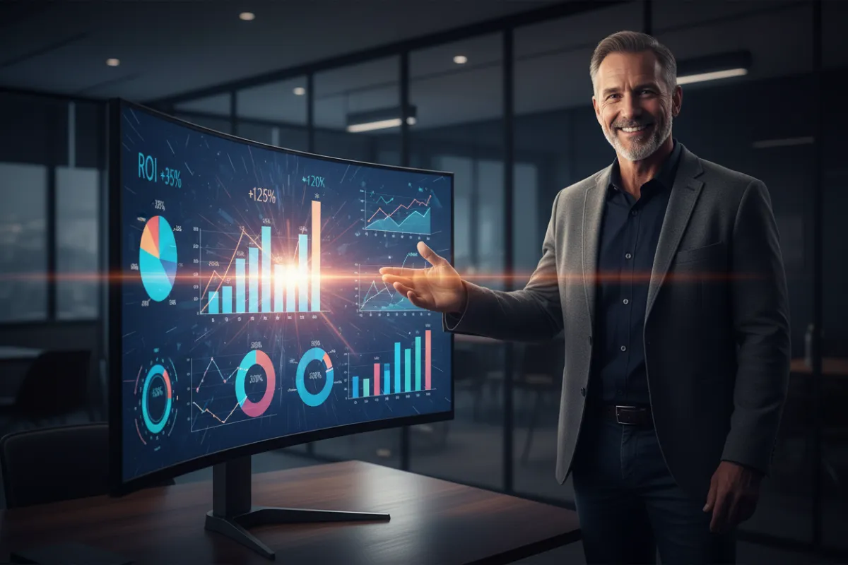 Marketing director pointing to campaign metrics on a large monitor
