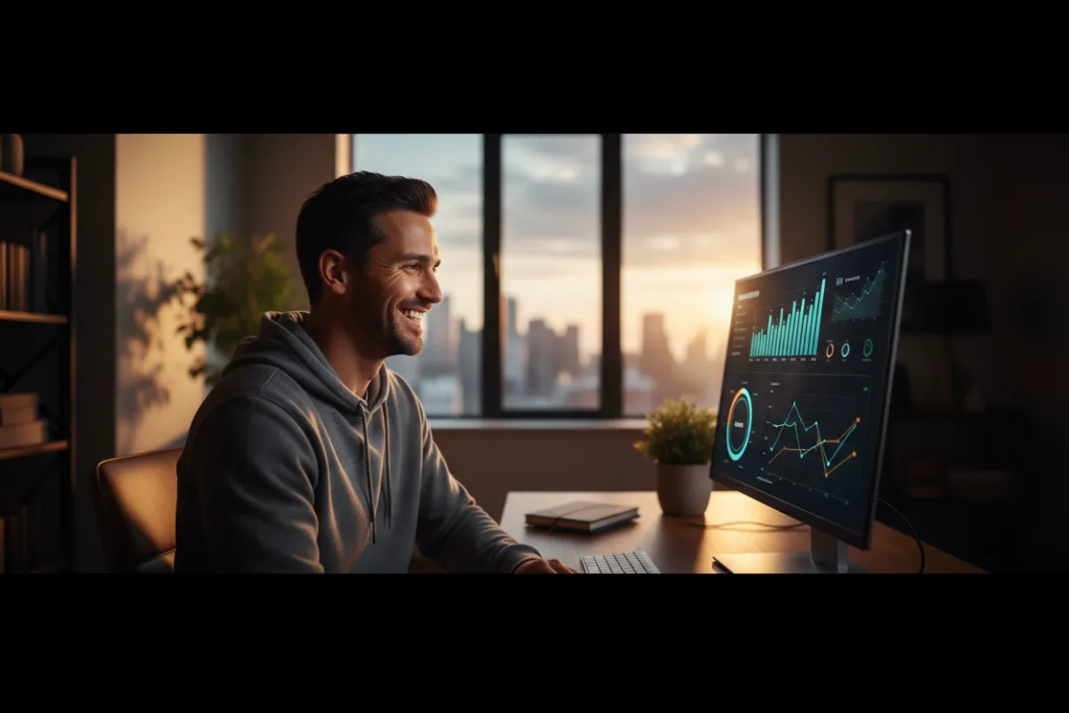 Coach on a video call smiling at a results dashboard