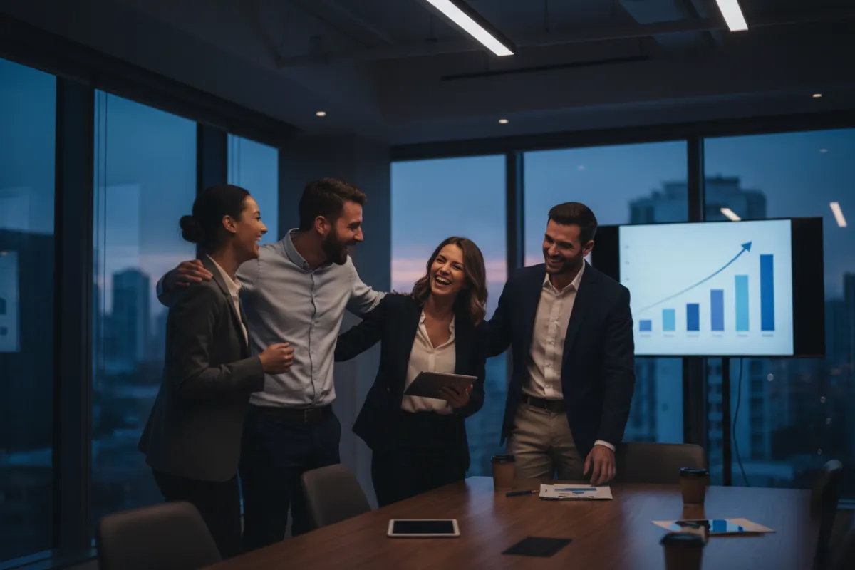 Small team celebrating in a modern office