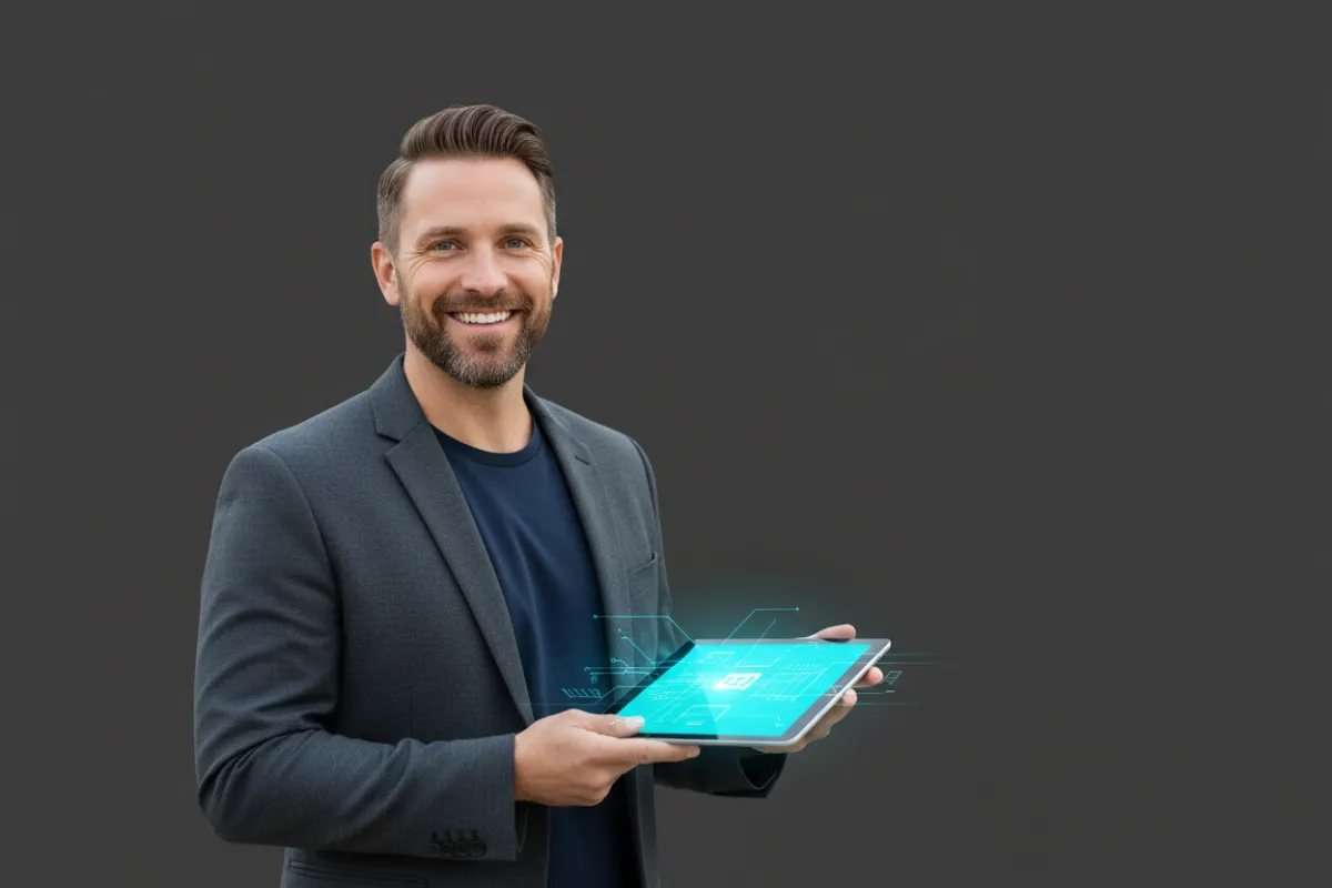 Agency owner smiling while holding a tablet