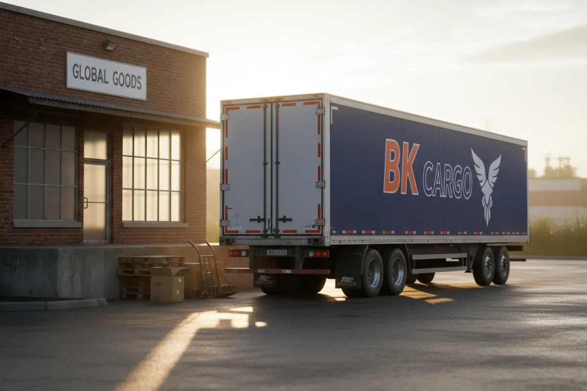 High-quality realistic photo of a BK Cargo Logistics heavy-duty cargo truck in side profile with company branding on road