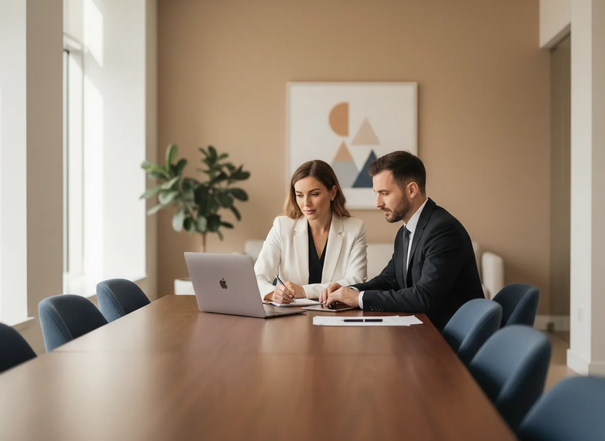 Modern office meeting between mortgage advisor and small business owner