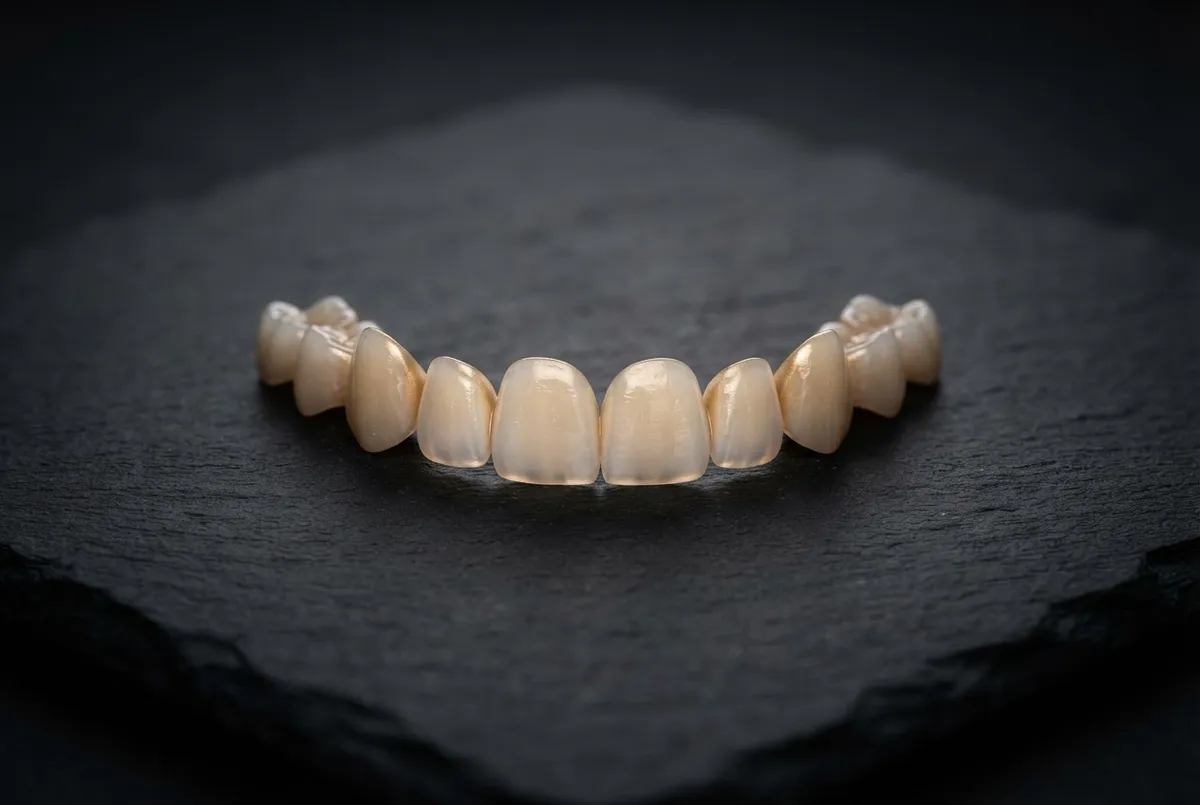 Cinematic close-up of sculpted porcelain veneer smile makeover